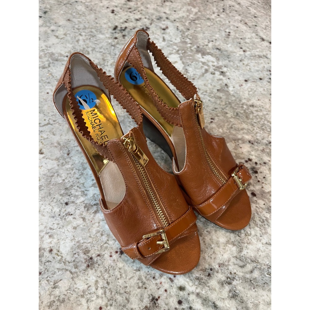 Michael Kors Cognac Leather Wedge Sandals Gold Zip Buckle Wood Heel 6.5M